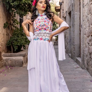 Floral Halter Dress. Floral Embroidered Dress. Latina Fashion Dress ...