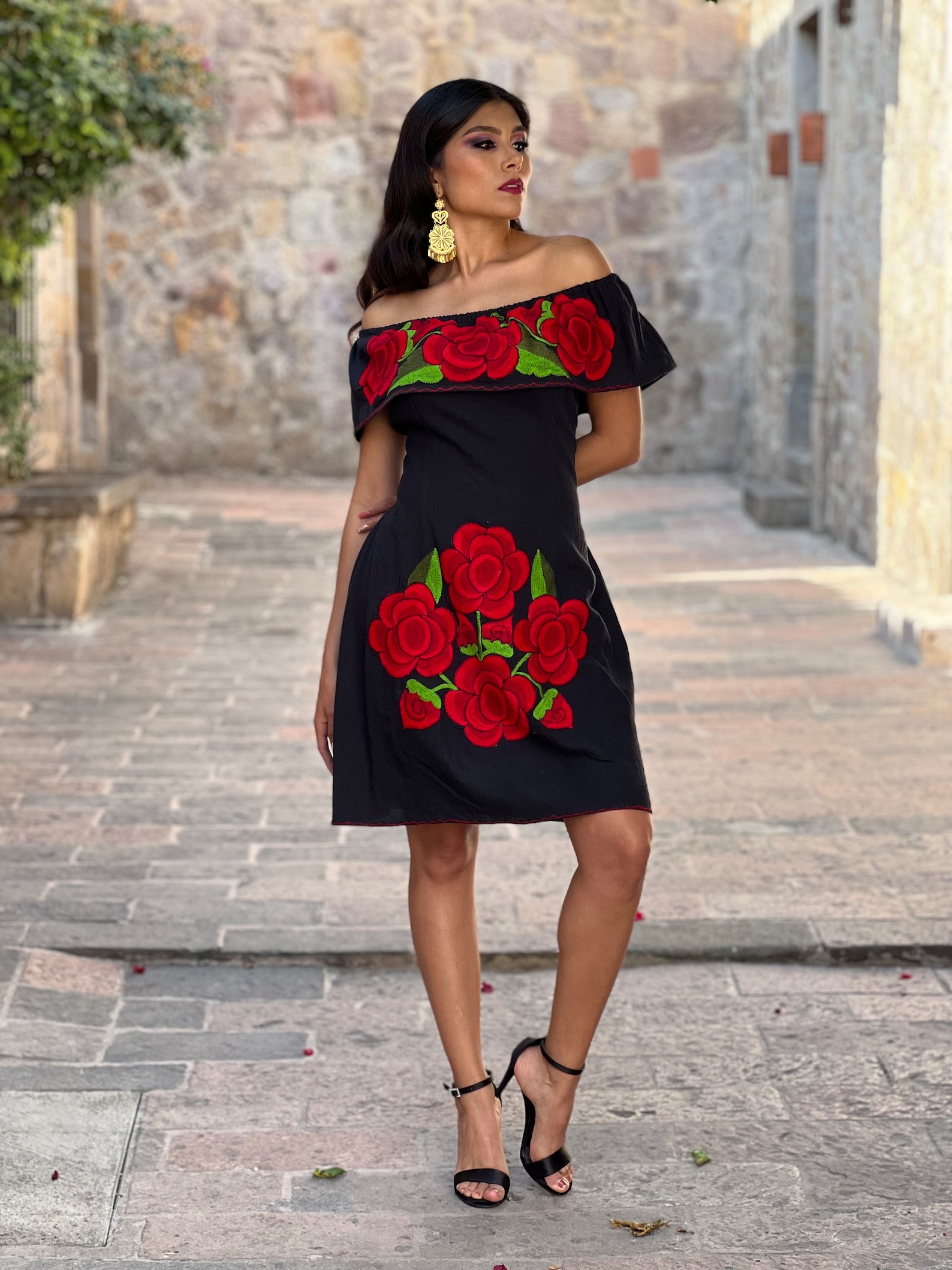 Black Roses Off The Shoulder Dress main image 0