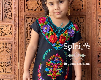 Girl’s Mexican Kimono Dress. Hand Embroidered Dress. Kids Traditional Dress.Girls Mexican Dress. Floral Embroidered Dress. Girls Party Dress