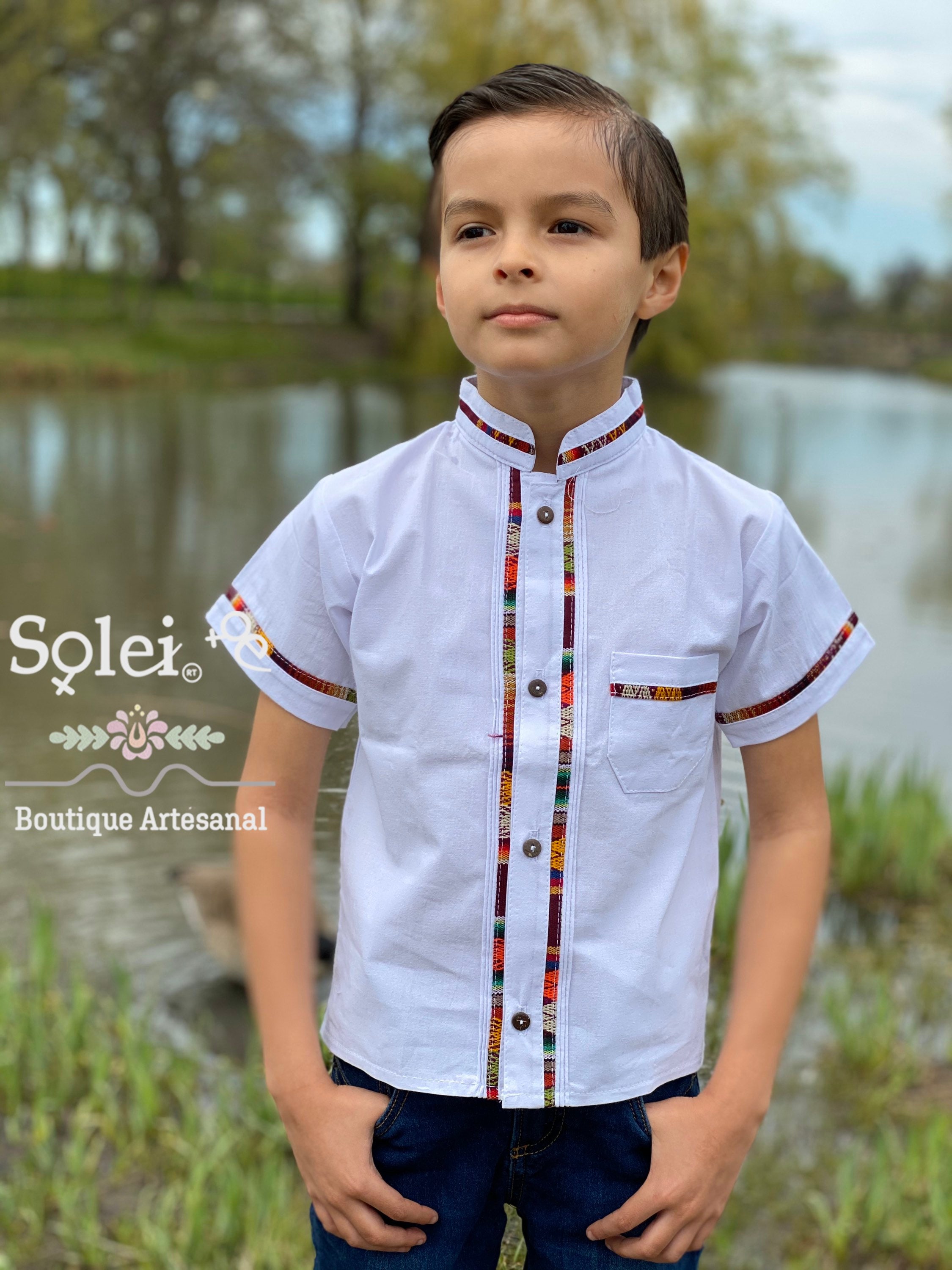 Boys Mexican Guayabera Shirt - Traditional Cuban Short Sleeve Embroidered Cotton Blouse