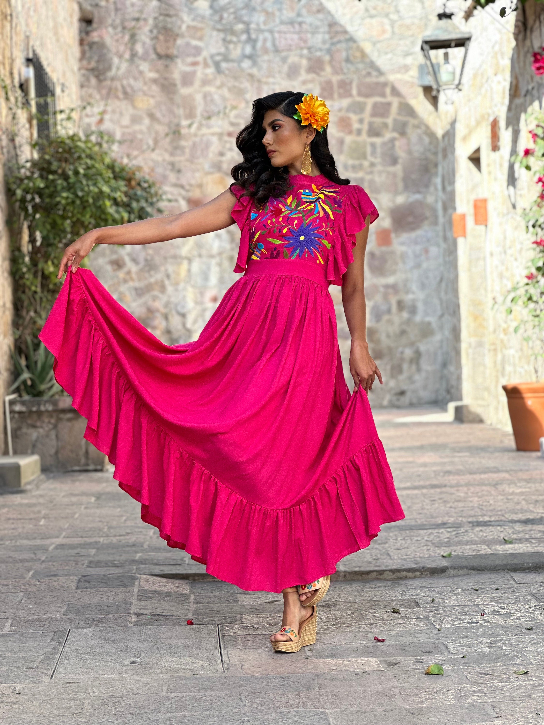 Higustar Mexican Embroidered Dress For Women - Bohemian Summer Dress, Plus Size, Red Floral V-Neck
