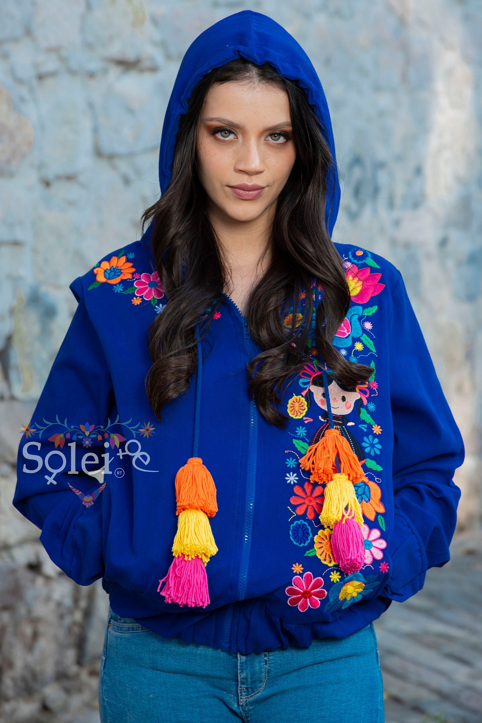 Womens Mexican Embroidered Windbreaker. Floral Embroidered