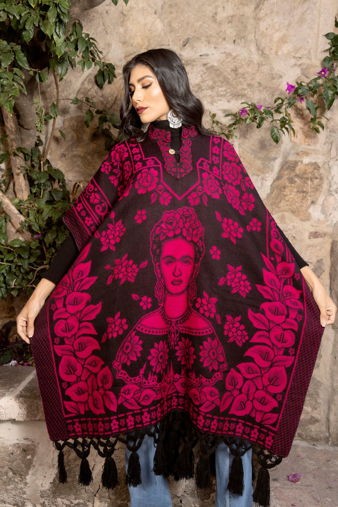Buy Frida Kahlo Mexican Elegant Traditional Floral  Artisanal Mexican Poncho With Full Body Poncho Online in 