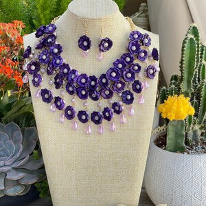 Mexican Artisanal Palm Leaf Jewelry Set. Palm Leaf Flower Necklace & Earrings. Floral Jewelry. Handmade Jewelry. Ethnic Necklace. Purple