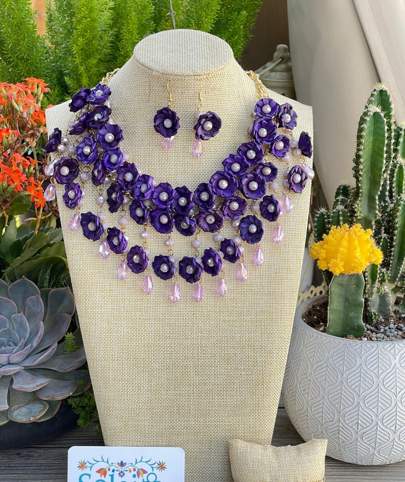 Mexican Artisanal Palm Leaf Jewelry Set. Palm Leaf Flower Necklace & Earrings. Floral Jewelry. Handmade Jewelry. Ethnic Necklace. Purple