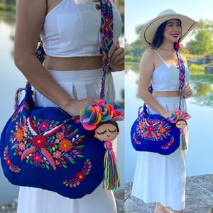 Traditional Embroidered Bag with Tassels. Mexican Morral Bag. Hand Embroidered Floral Bag.Hand Knit Strap. Colorful Mexican Bag.Floral Purse