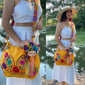 Traditional Embroidered Bag with Tassels. Mexican Morral Bag. Hand Embroidered Floral Bag.Hand Knit Strap. Colorful Mexican Bag.Floral Purse