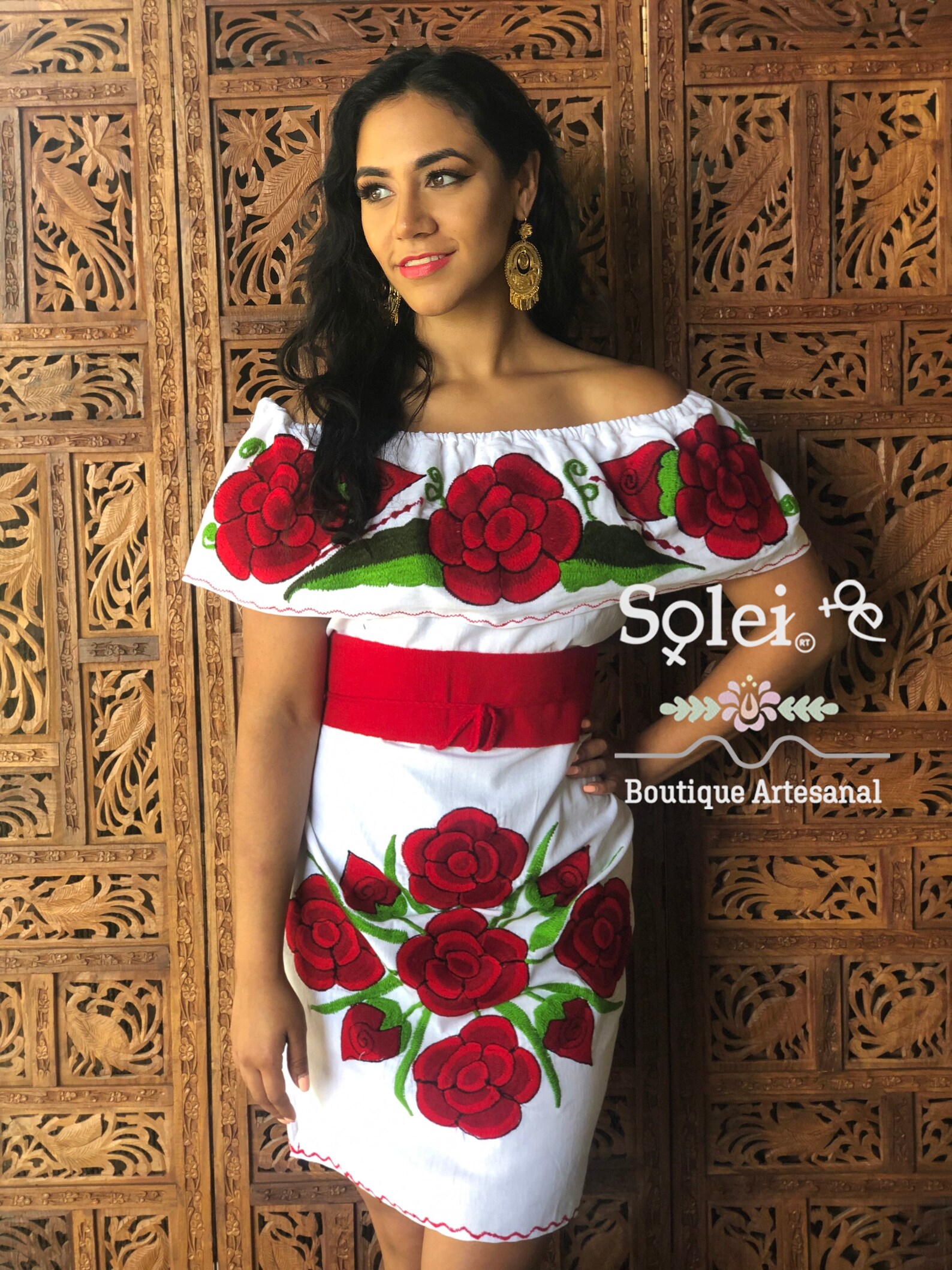 Tori Red Rose Flower Off Shoulder Dress
