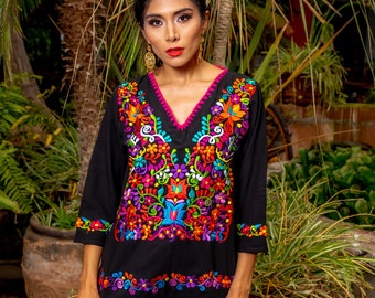 Mexican Blouse. Size S - 3X. Floral Embroidered Mexican Blouse. Traditional Mexican Top. Multicolor Mexican Style Top.