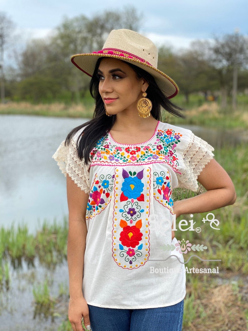 Hand Embroidered Mexican Blouse. Size S 3X. Mexican Floral Blouse. Artisanal Mexican Blouse. Hippie-Boho Top. image 9