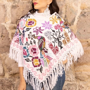 Peacock Embroidered Poncho. Colorful Poncho. Mexican Traditional Poncho. Hand Embroidered Poncho. Mexican Fiesta Shawl. Bird Poncho.