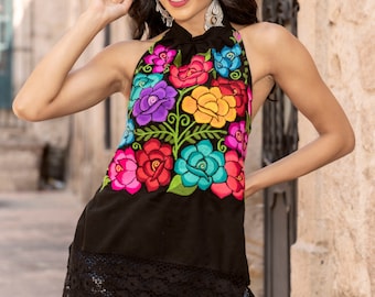 Embroidered Mexican Floral Halter Top. Size S - 2X. Ethnic Style Mexican Top. Typical Mexican Blouse. Boho Hippie. Latina Style Top.