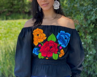 Bell Sleeve Mexican Blouse. Floral Embroidered Blouse. Mexican Floral Blouse. Traditional Mexican Blouse. Off the Shoulder Top. Hippie-Boho.