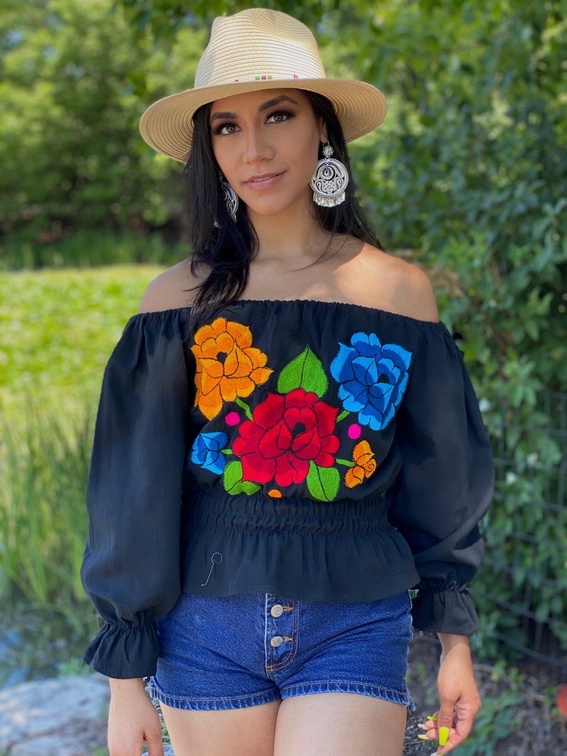 Hippie-Boho. Off the Shoulder Top Traditional Mexican Blouse Bell Sleeve Mexican Blouse Floral Embroidered Blouse Mexican Floral Blouse