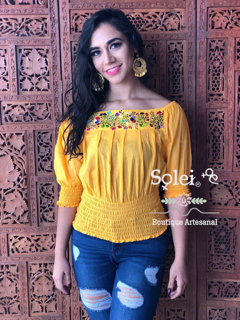 Hand Embroidered Mexican Blouse Authentic Mexican Top Dainty Floral Blouse Mexican Flower Top. Simple Floral Detail Silk Thread Blouse