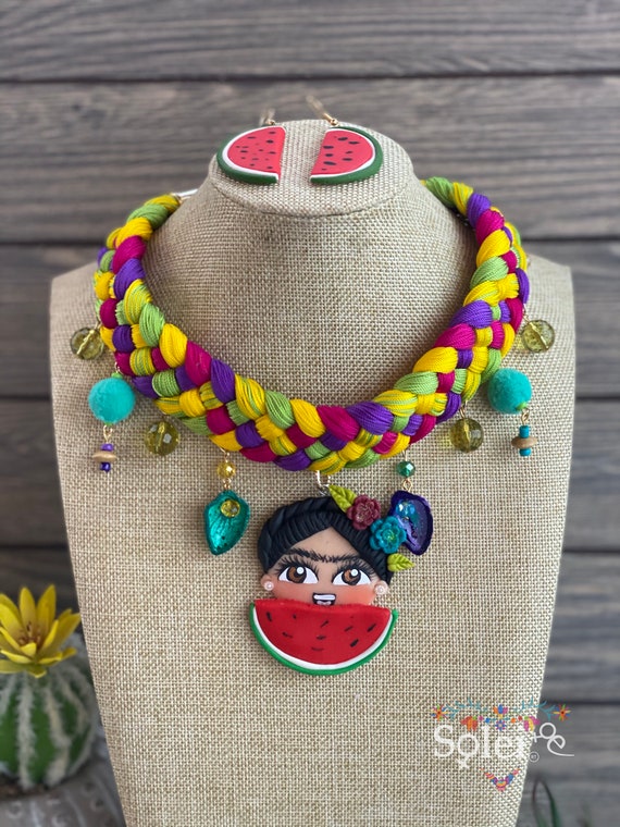 collar bolsas de frida kahlo bordadas Collar Mexicano Trenzado de Frida con Joyería Hecho a Collar  y Aretes Collar Frida Kahlo Pintado a