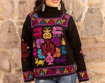 Mexican Knit Sweater. Multicolor Ethnic Sweater. Pullover Artisanal Sweater. Bohemian Chic Style. Latina Style. Fall Winter Spring Apparel.