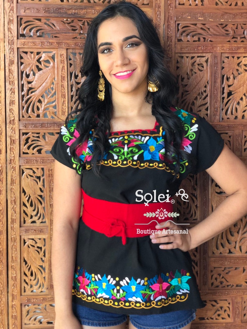 Free Shipping Belt Included Embroidered Floral Blouse Handmade Mexican Top