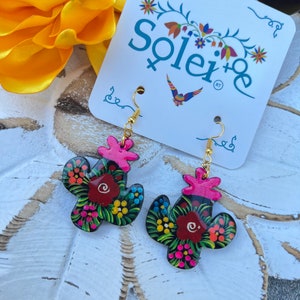 Hand Painted Artisanal Earrings. Dangle Earrings. Mexican Floral Earrings. Boho Chic Earrings. Traditional Mexican Jewelry. Gifts for her.