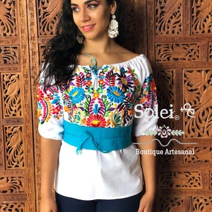 Front Tie Floral Embroidered Blouse. off the Shoulder Blouse. Mexican ...
