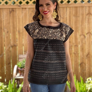 Hand Embroidered Mexican Traditional Blouse. Mexican Embroidered Golden Floral Top. Mexican Artisanal Blouse. Ethnic Embroidered Blouse
