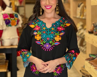 Mexican Floral Embroidered Blouse. Size S - 3X. Colorful Floral Mexican Blouse. 3/4 Sleeve Blouse. Hippie-Boho. Traditional Mexican Top.