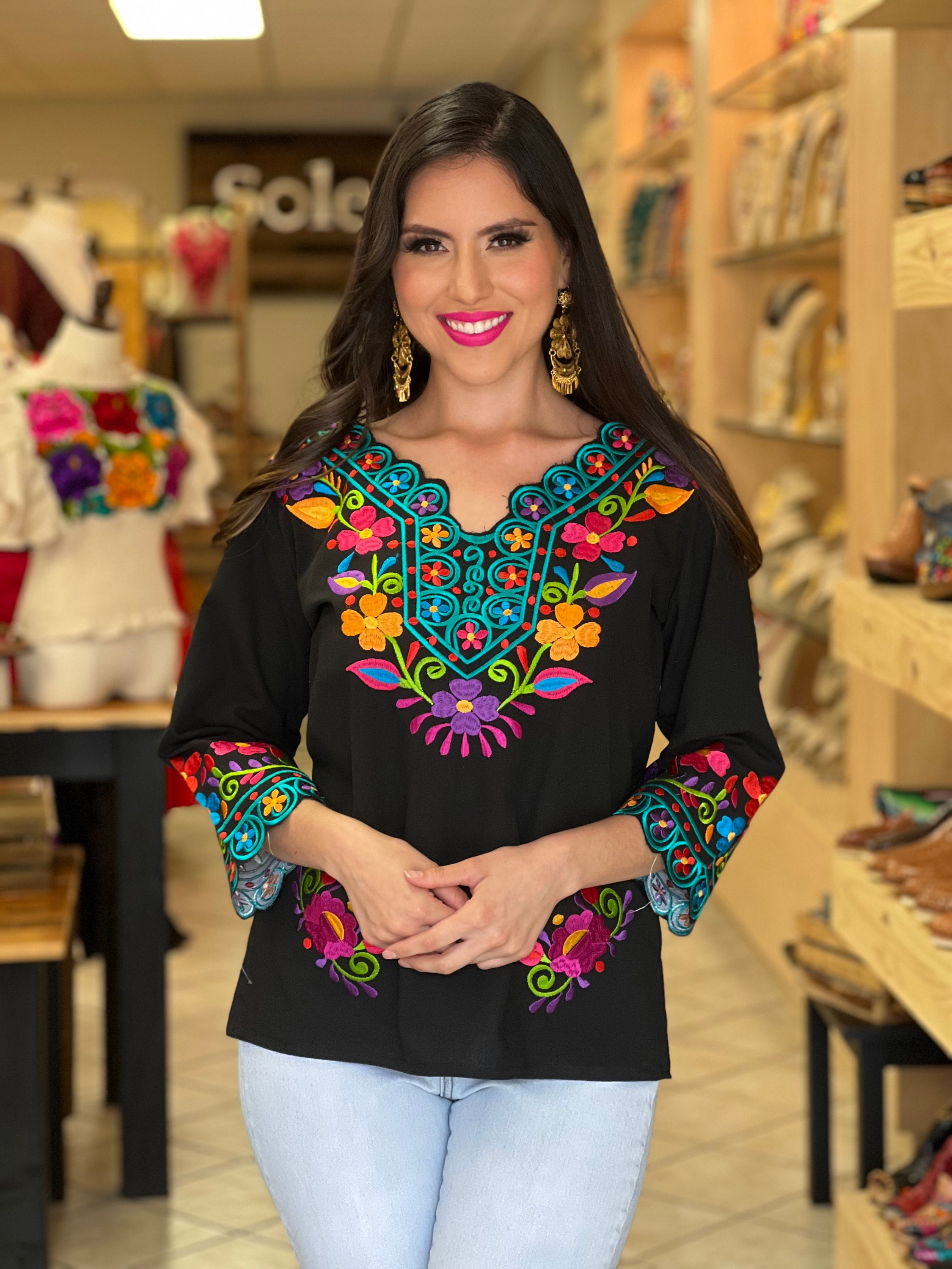 Mexican Floral Embroidered Blouse. Size S 3X. Colorful Floral Mexican Blouse.  3/4 Sleeve Blouse. Hippie-boho. Traditional Mexican Top. -  Sweden