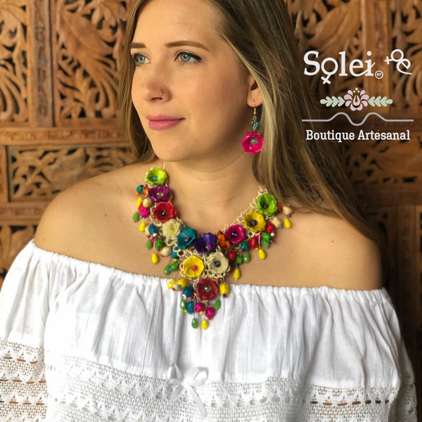 Mexican Jewerly Set. Palm Leaf Flower Necklace & Earrings . Flower Jewelry. Handmade Jewelry. Short Flower Necklace