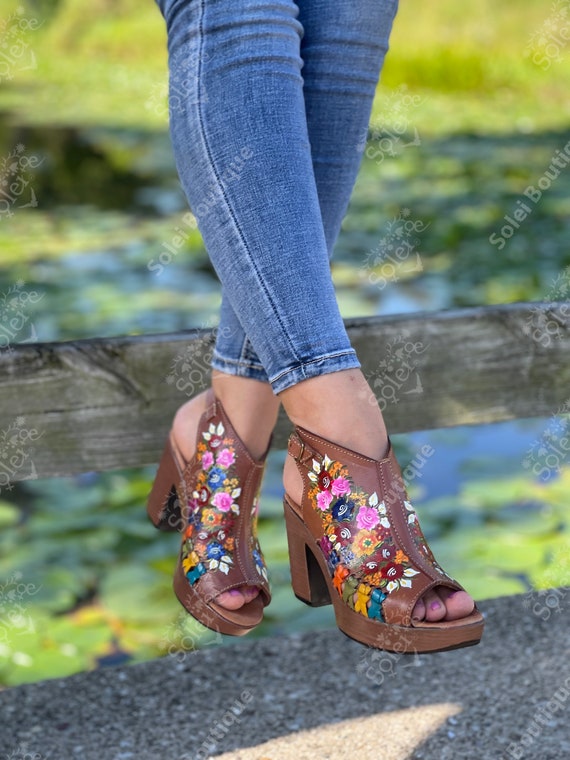 Mexican Leather Wedge Heels. All Sizes Boho-hippie Vintage. Mexican  Artisanal Shoes. Mexican Leather Heels. Leather Heels With Buckle. 