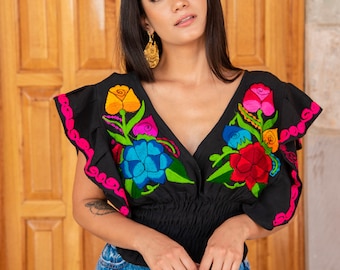 Mexican Embroidered Floral Top. Size S - 2X. Floral Butterfly Sleeve Crop Top. Low Cut Crop Top. Mexican Crop Top. Mexican Artisanal Blouse.