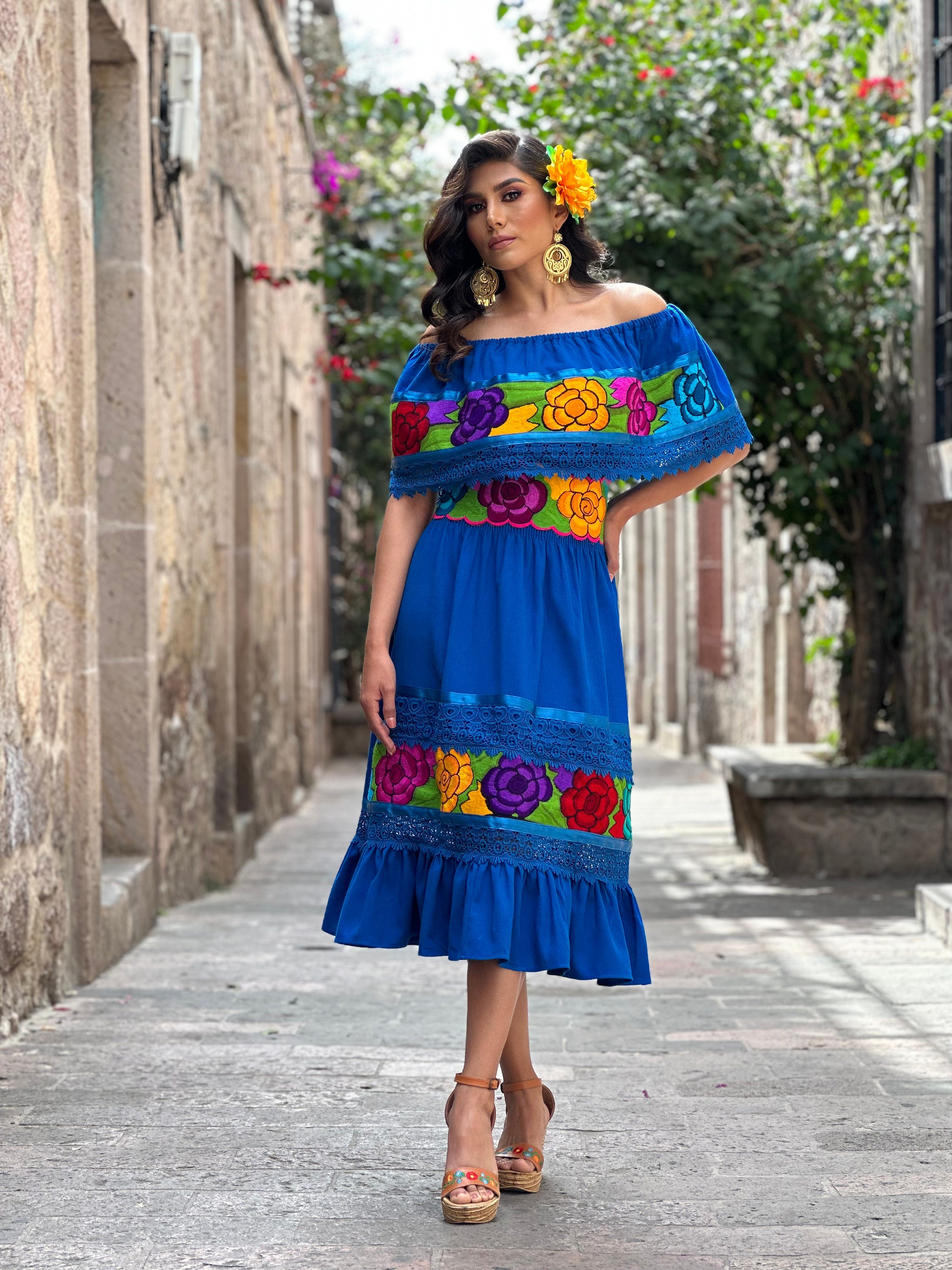 crochet mexican dress Floral Huipil Dress Crochet Mexican Dress Mexican Traditional Floral  Embroidered Mexican Fiesta Lace Trim Off The Shoulder Canada