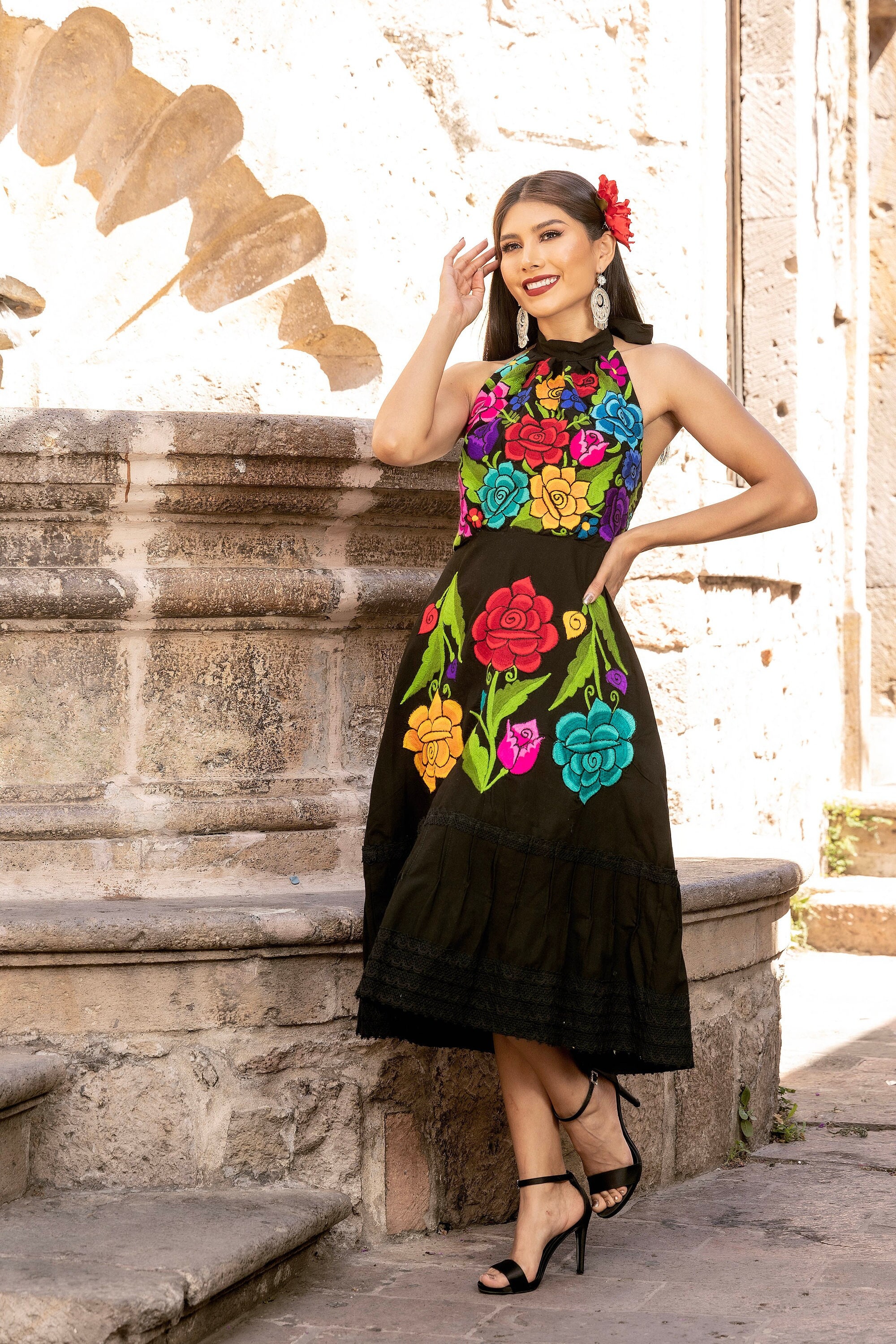 Halter Dress Black And Gold Mexican Dress Mexican Floral Halter S Embroidered Mexican Dress Halter Dress Black And Gold Mexican Dress Mexican Floral Halter S Embroidered Mexican Dress