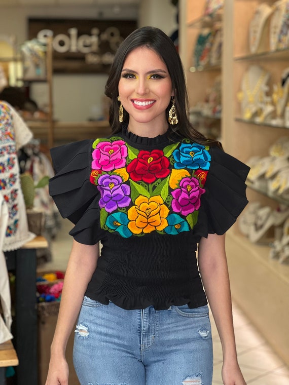 Floral Butterfly Sleeve Top. Mexican Embroidered - Etsy