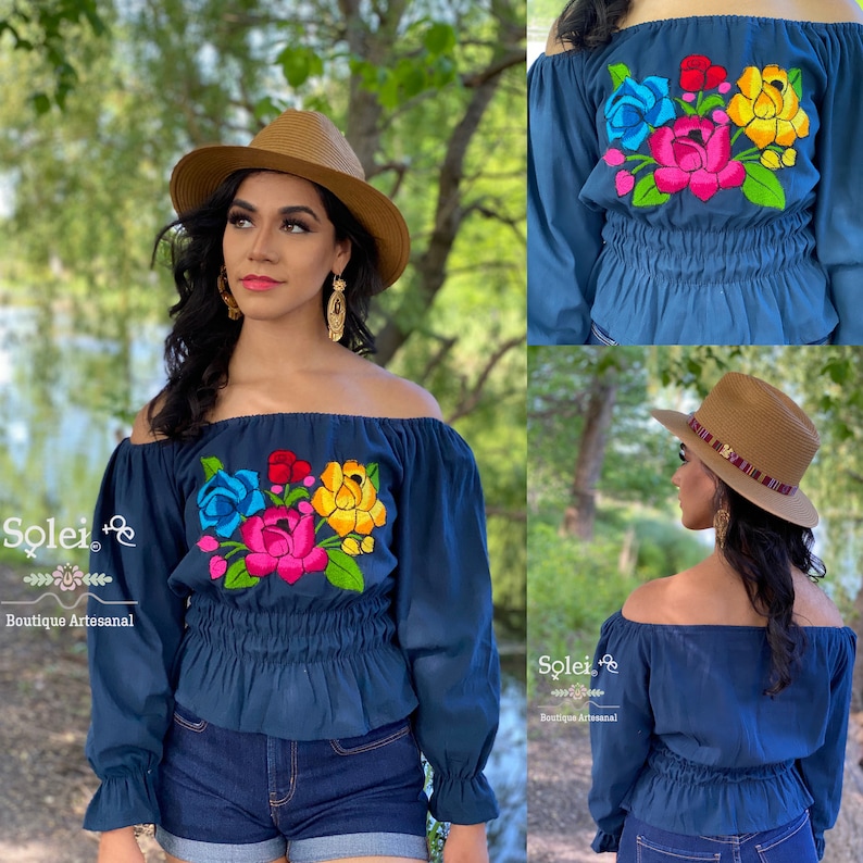 Hippie-Boho. Off the Shoulder Top Traditional Mexican Blouse Bell Sleeve Mexican Blouse Floral Embroidered Blouse Mexican Floral Blouse