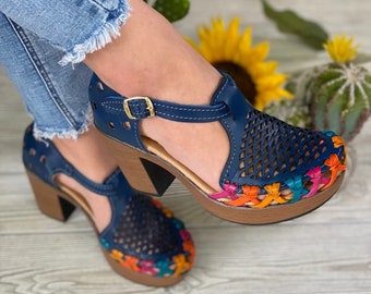 Mexican Heel Sandal. All Size Boho- Hippie Vintage Heels. Mexican Leather Sandal. Mexican Artisanal Huarache. Colorful Block Heels.