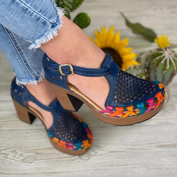 Mexican Heel Sandal. All Size Boho- Hippie Vintage Heels. Mexican Leather Sandal. Mexican Artisanal Huarache. Colorful Block Heels.