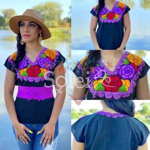 Mexican Embroidered Top With Decorated Collar. BLACK Floral Embroidered ...