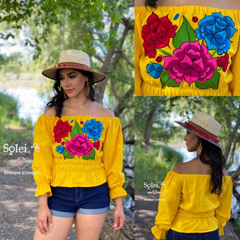 Hippie-Boho. Off the Shoulder Top Traditional Mexican Blouse Bell Sleeve Mexican Blouse Floral Embroidered Blouse Mexican Floral Blouse