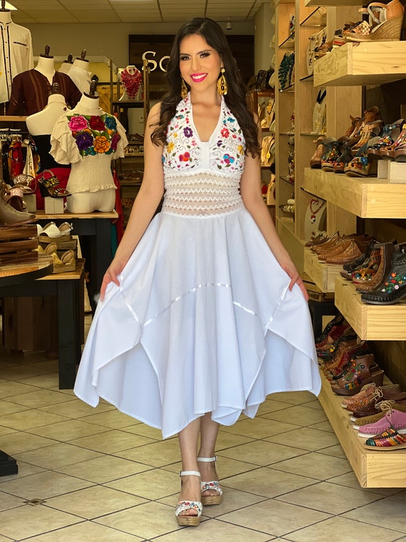Floral Halter Dress. Hand Embroidered Dress. Asymmetrical Dress. Fashion Lace Dress. Silk Thread Mexican Dress. Mexican Embroidered Dress Etsy Canada