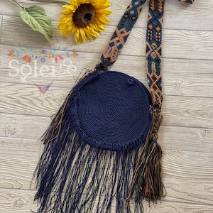 Mexikanische Quastentasche. Handgemachte mexikanische Tasche. Ethnische mexikanische Geldbörse. Handgestrickt. Bunte mexikanische Tasche. Boho-Hippie Runde Tasche