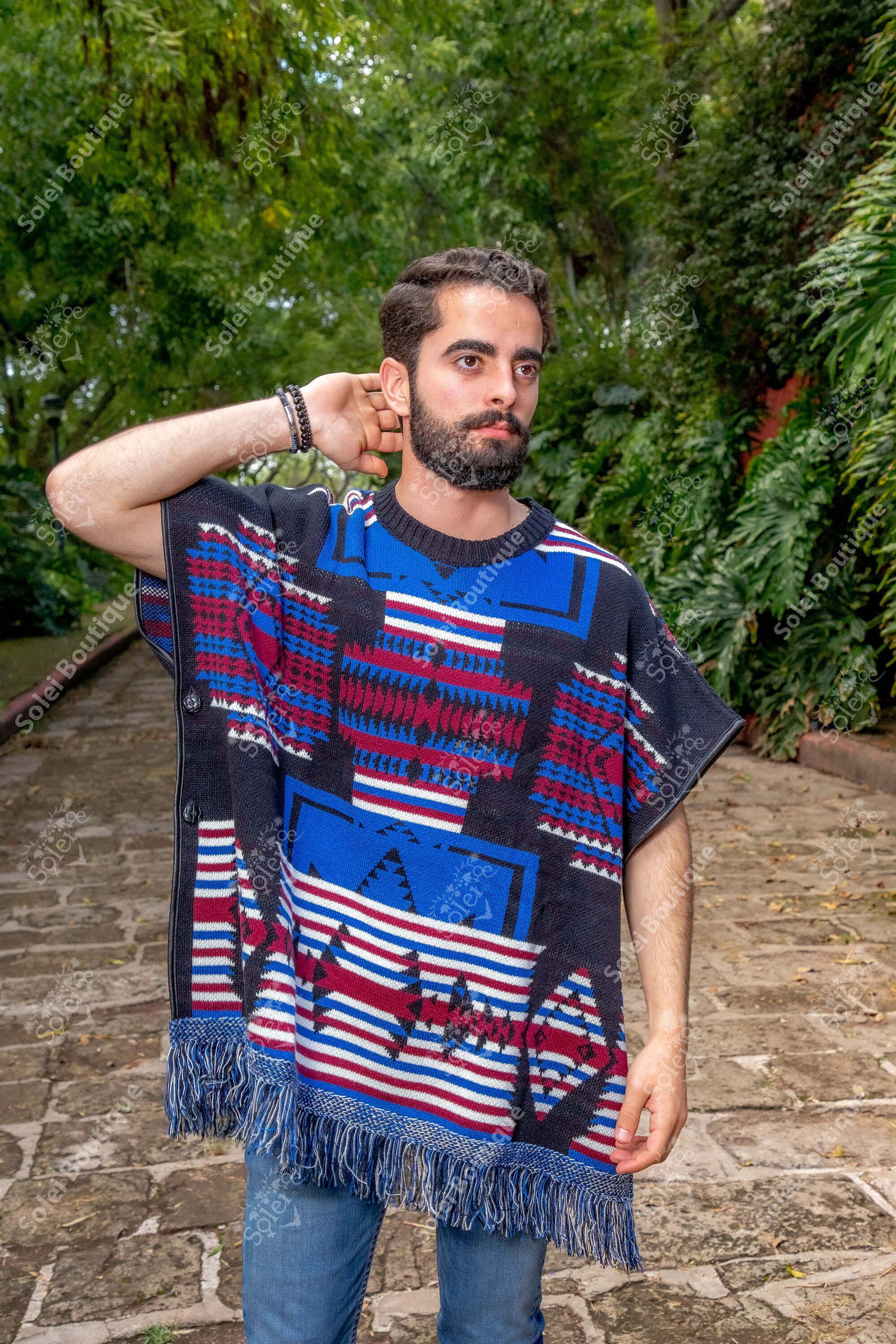 Artisanal Mexican Poncho 92% Acylic, 8% Polyester Black/Red  603836