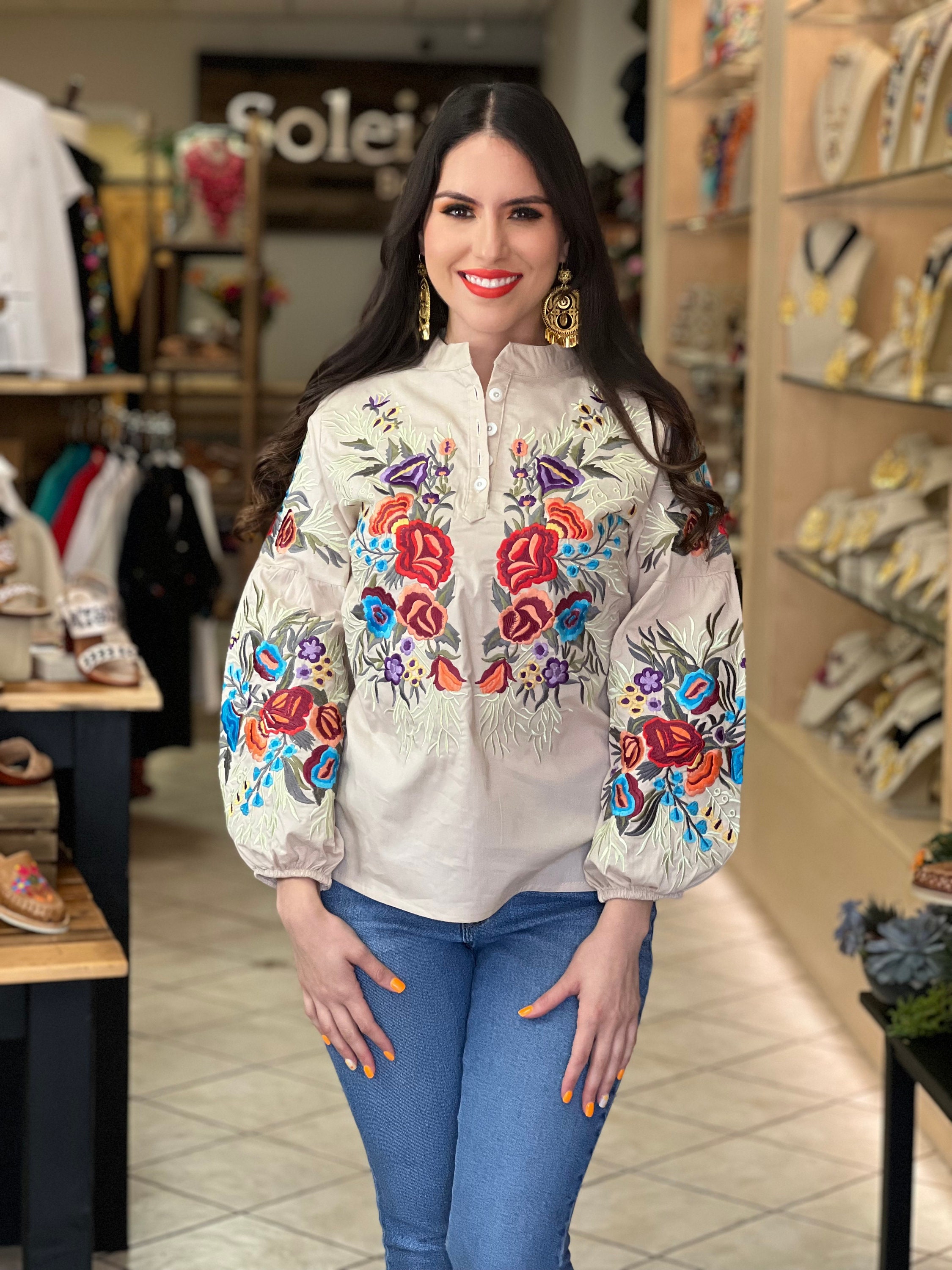 Traditional Mexican Embroidered Peasant Tops For Women, Plus Size Vintage Floral Tunic Shirts, Flowers Embroidery Blouses