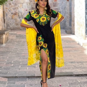 Mexican Sunflower Embroidered Dress. Size S 3X. Traditional Mexican ...