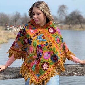 Peacock Embroidered Poncho. Colorful Poncho. Mexican Traditional Poncho. Hand Embroidered Poncho. Mexican Fiesta Shawl. Bird Poncho.