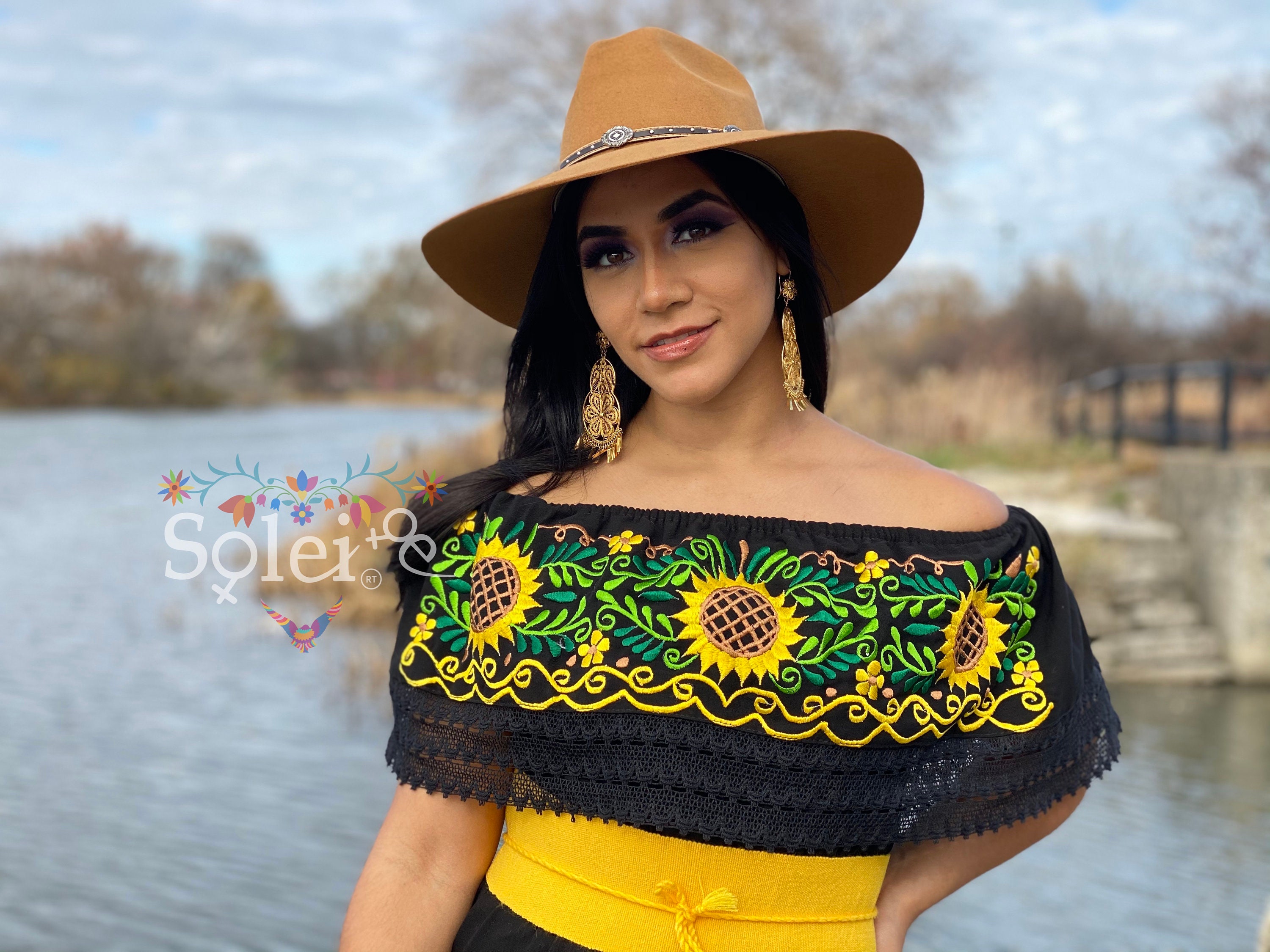 Traditional Mexican Sunflower Blouse. Size S - 2X. Floral