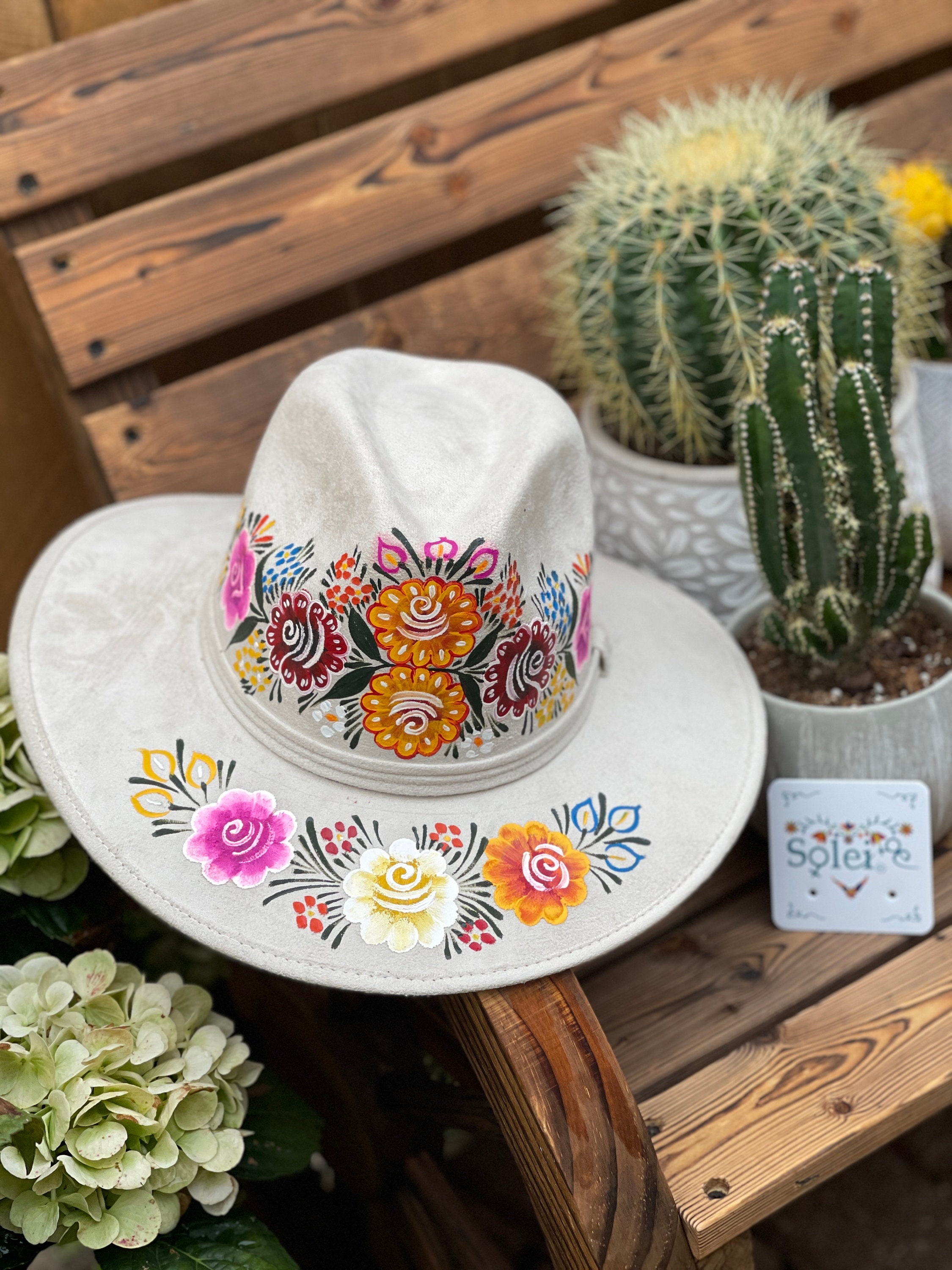 Hand-painted Floral Suede Fedora, Artisanal Mexican Hat - Etsy display picture 3