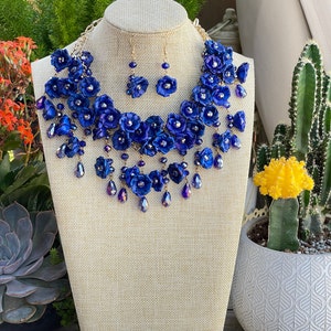 Mexican Artisanal Palm Leaf Jewelry Set. Palm Leaf Flower Necklace & Earrings. Floral Jewelry. Handmade Jewelry. Ethnic Necklace. Royal Blue