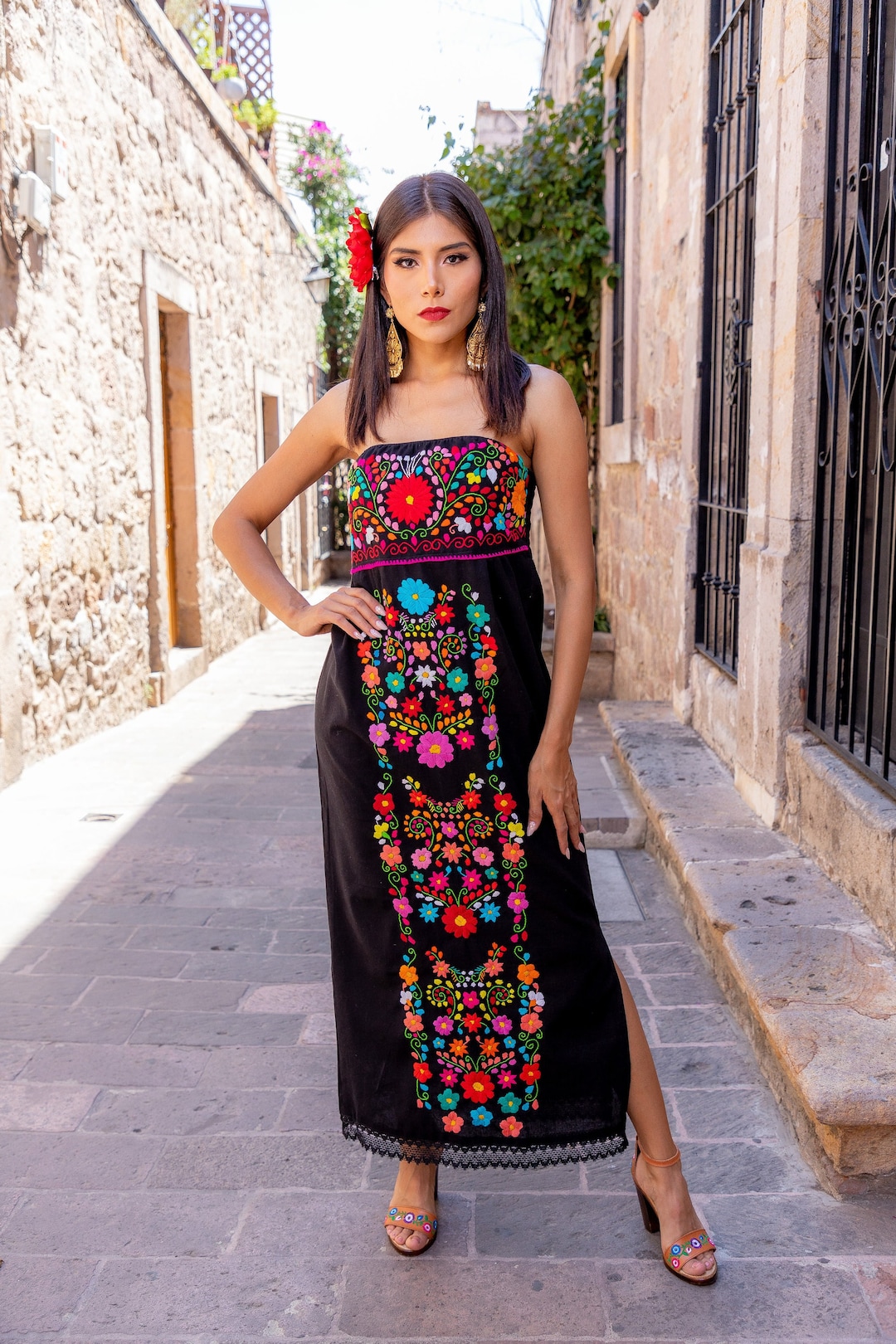 Mexican Floral Strapless Dress. Hand Embroidered Mexican - Etsy