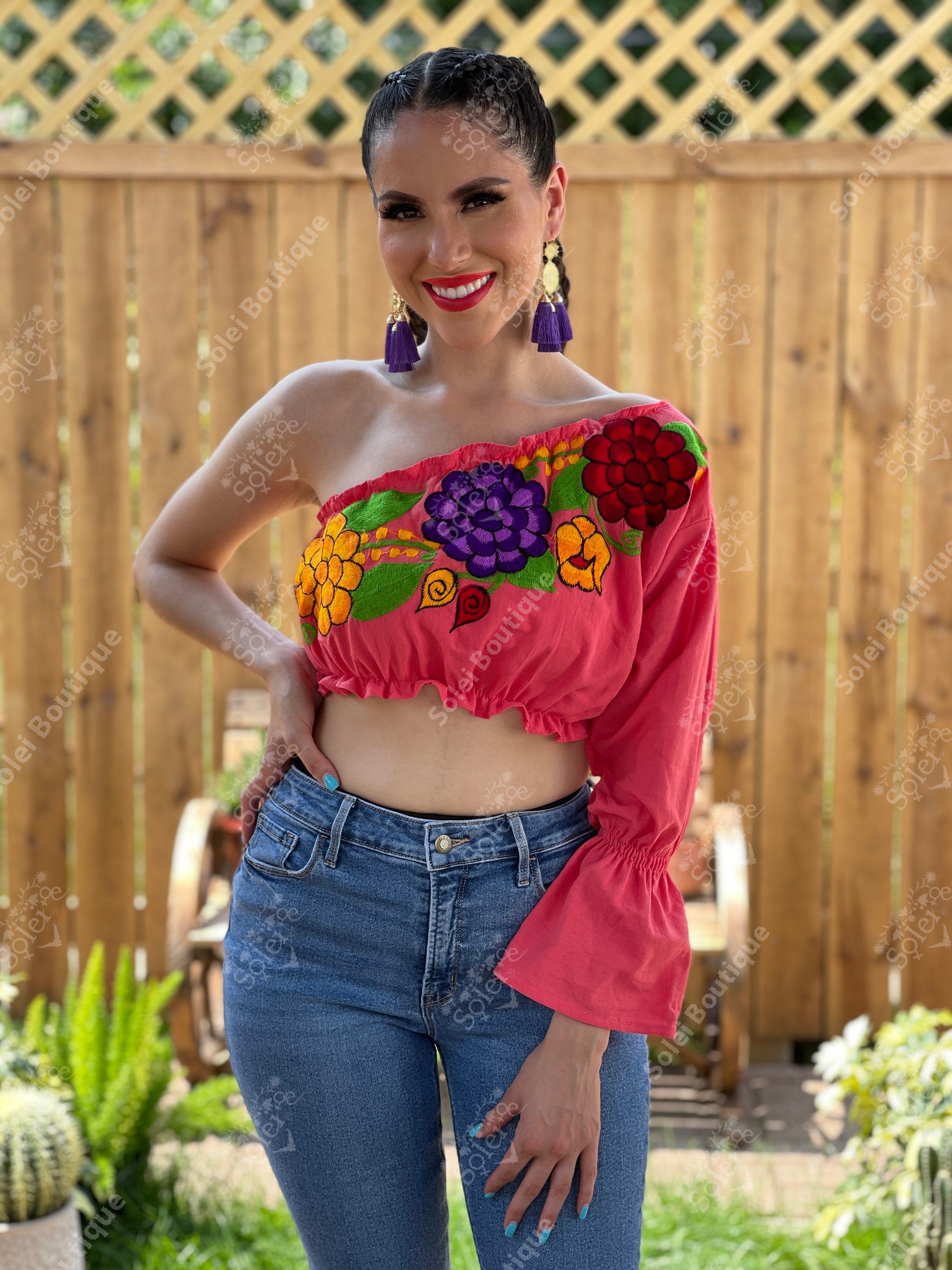 Floral One Shoulder Crop Top. Mexican 
