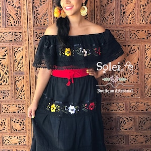Mexican Off the Shoulder Campesino Dress. Floral Embroidered Dress.